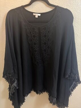 Ella Moss Black Crochet-Front Fringe Poncho Top